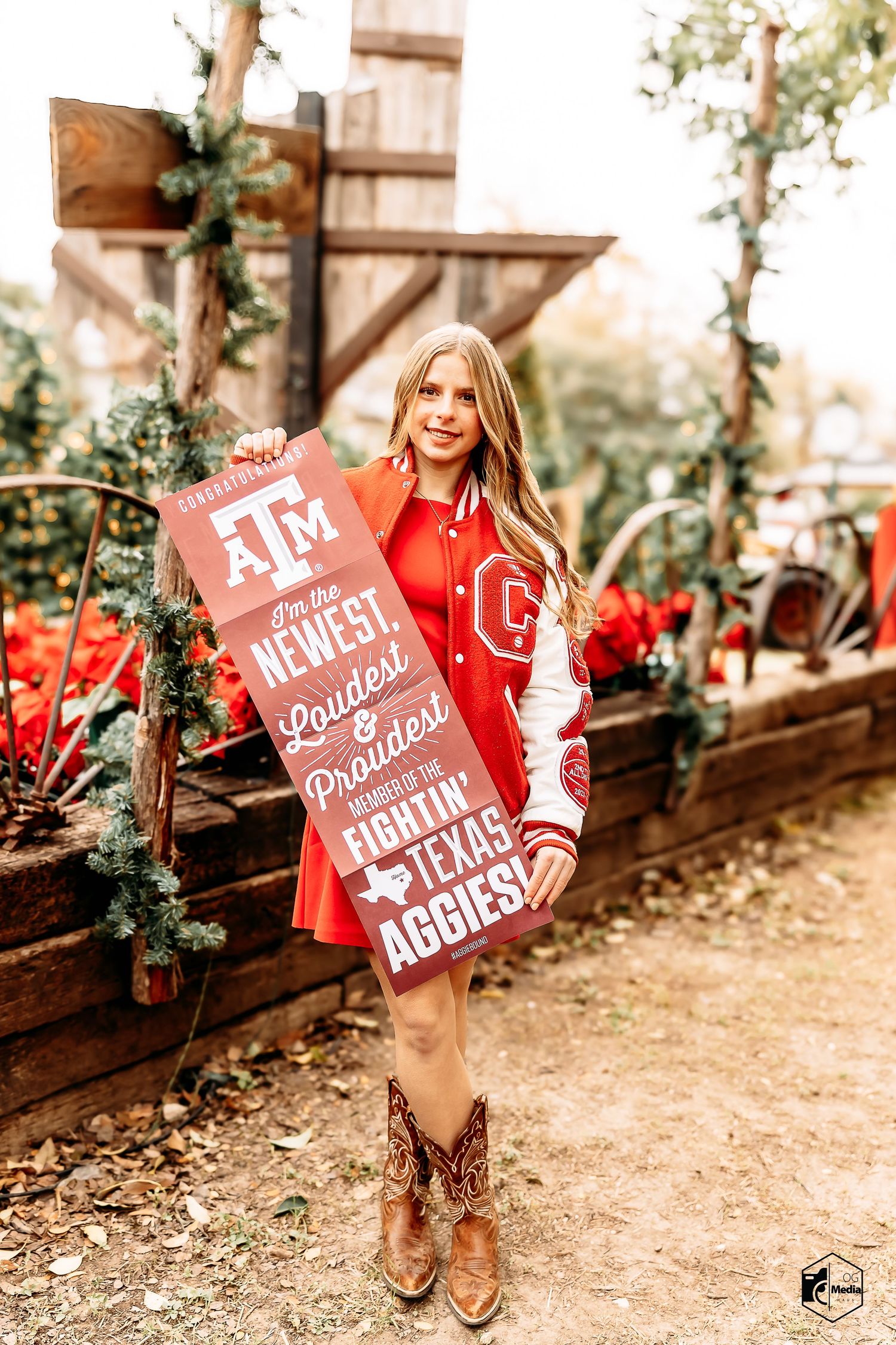 Texas A&M themed graduation photos with cowboy boots and decorative signs in an outdoor garden setting.