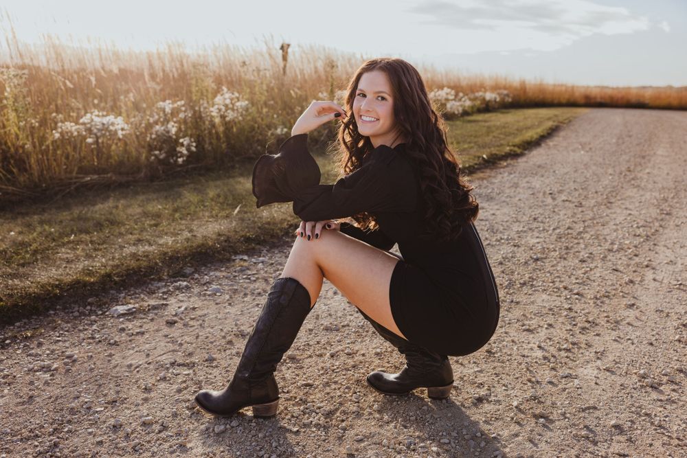 Artistic outdoor portrait series on dirt path at golden hour.