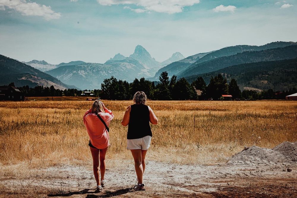 People walking through golden field with mountain backdrop.