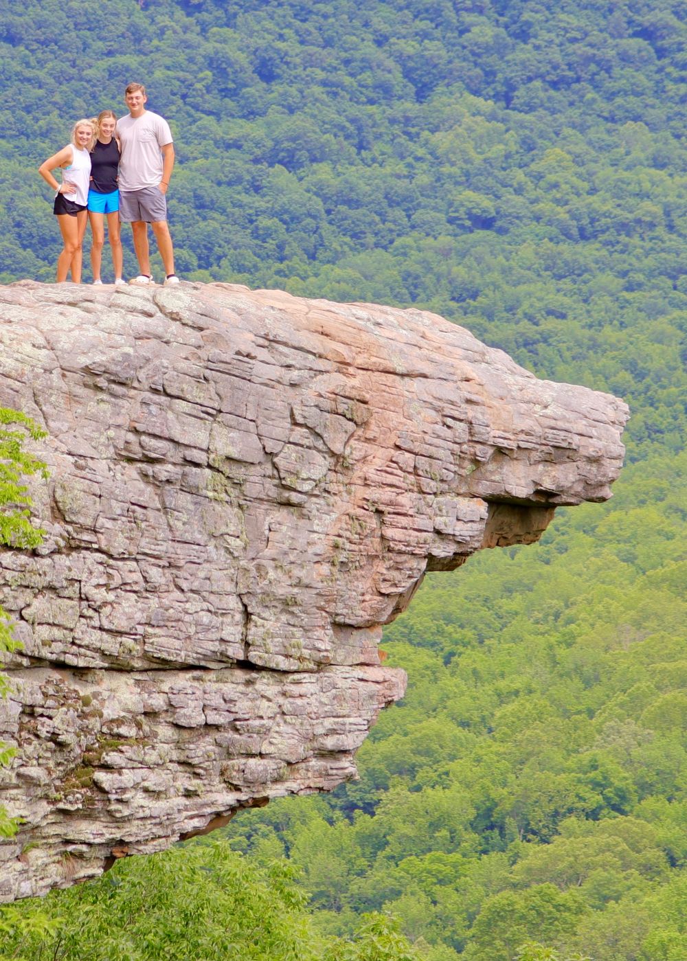 Hikers stand on Hawksbill Crag, a dramatic rock overlook above a lush green forest valley in Arkansas.