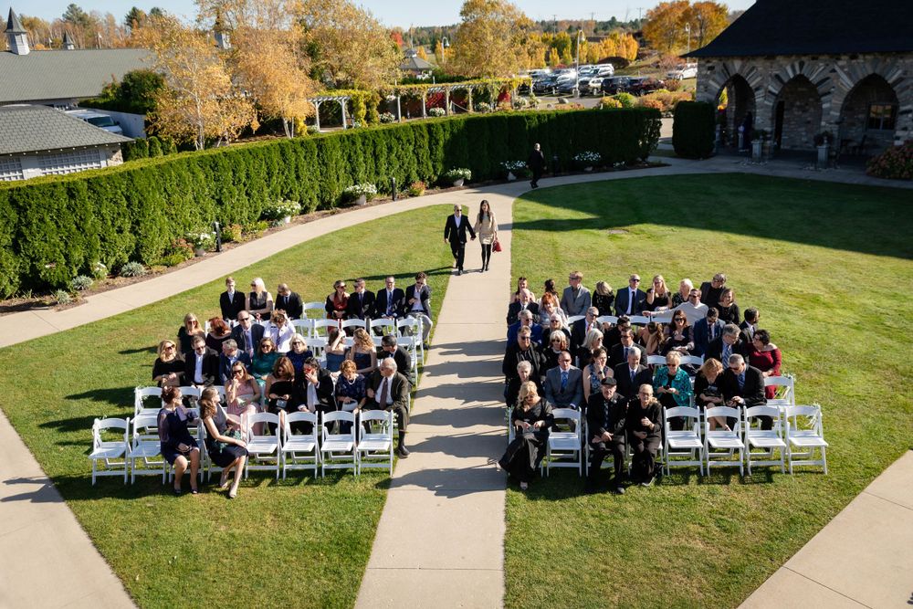A bird eye view of a Knights wedding ceremony at Castle Farms.