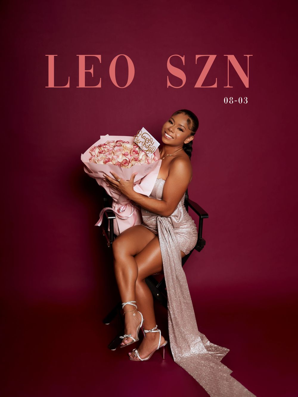Glamour photo against burgundy backdrop with text 'LEO SZN' and pink floral bouquet.