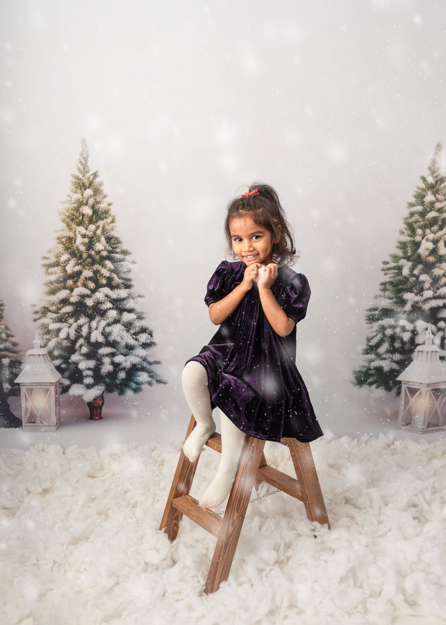 christmas outfit, purple dress, snow, christmas trees