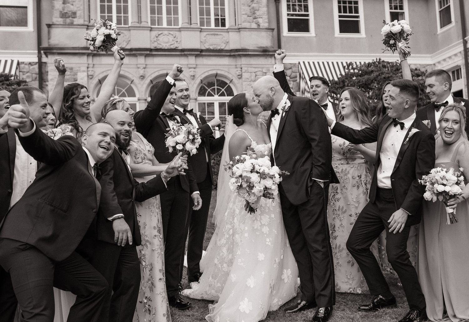 Black and white photo series of wedding guests celebrating during reception.