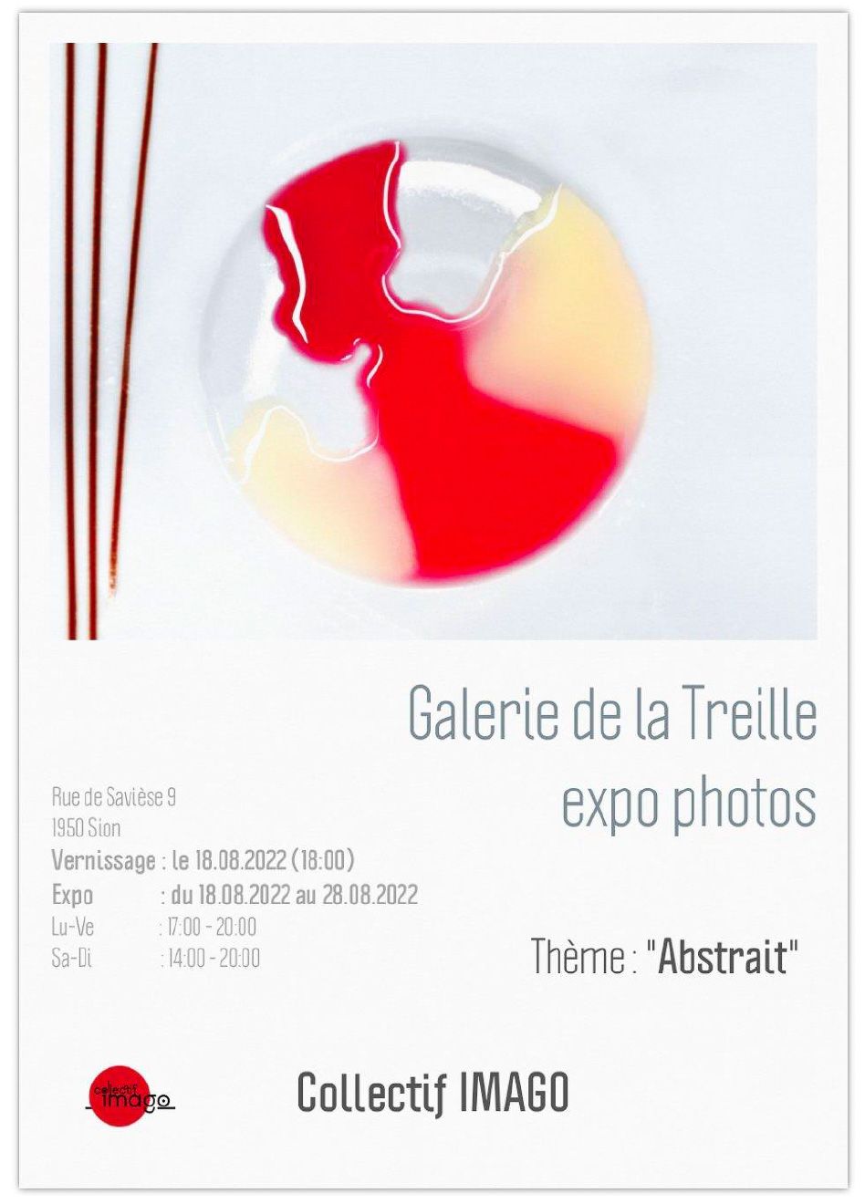 Modern art gallery poster featuring an abstract red and white circular design advertising an exhibition at Galerie de la Treille.