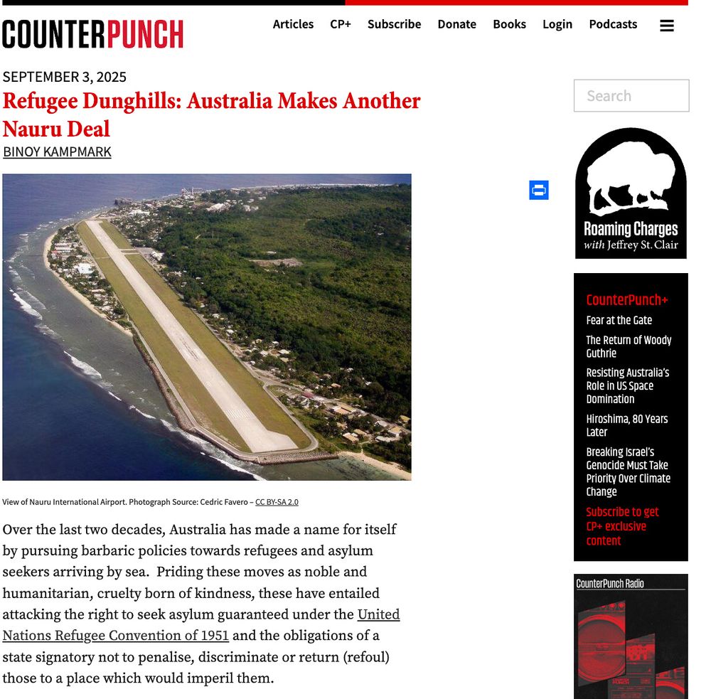 Counterpunch website layout showing multiple article tiles, navigation menu, and featured story about refugee policies.