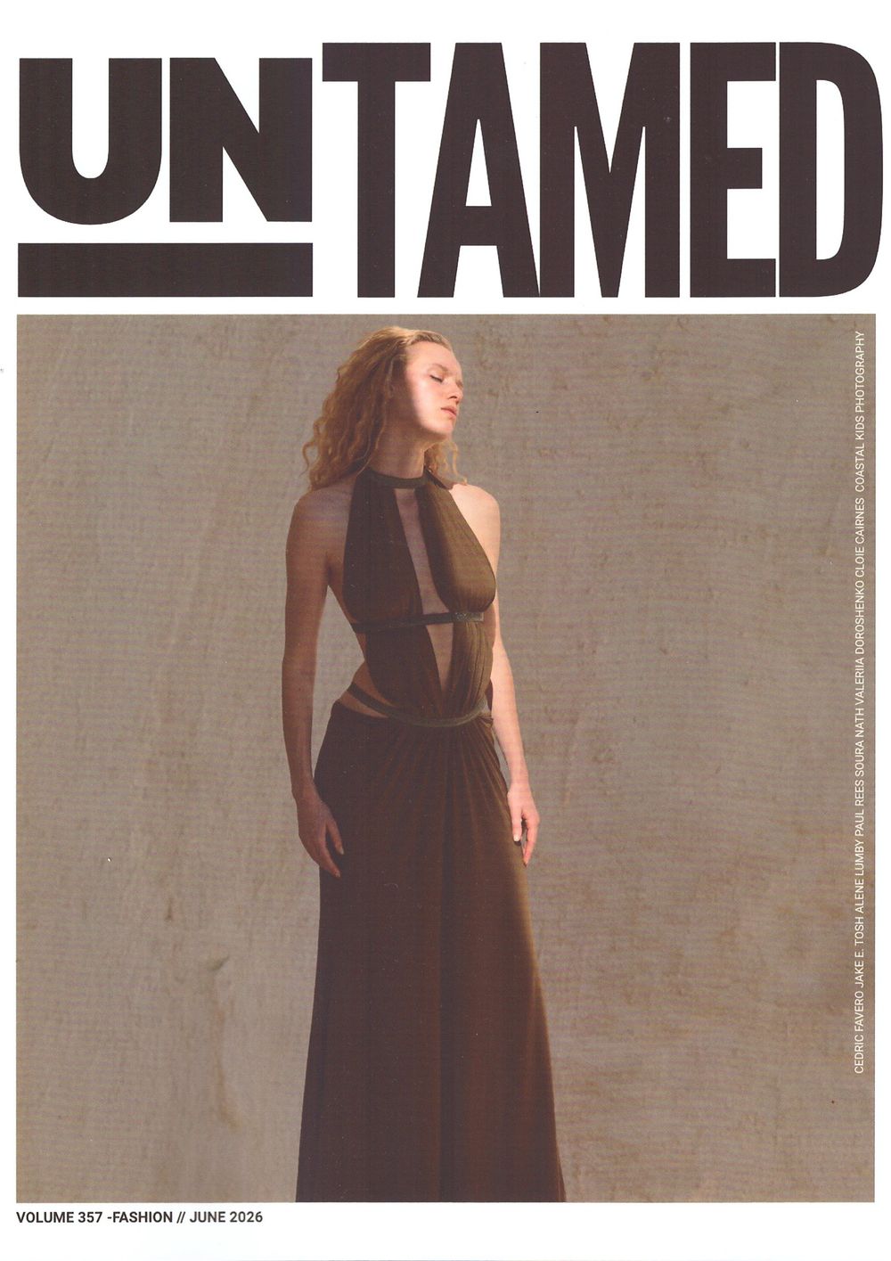 Untamed fashion magazine cover June 2026 featuring a model in a backless brown halter gown, volume 357.