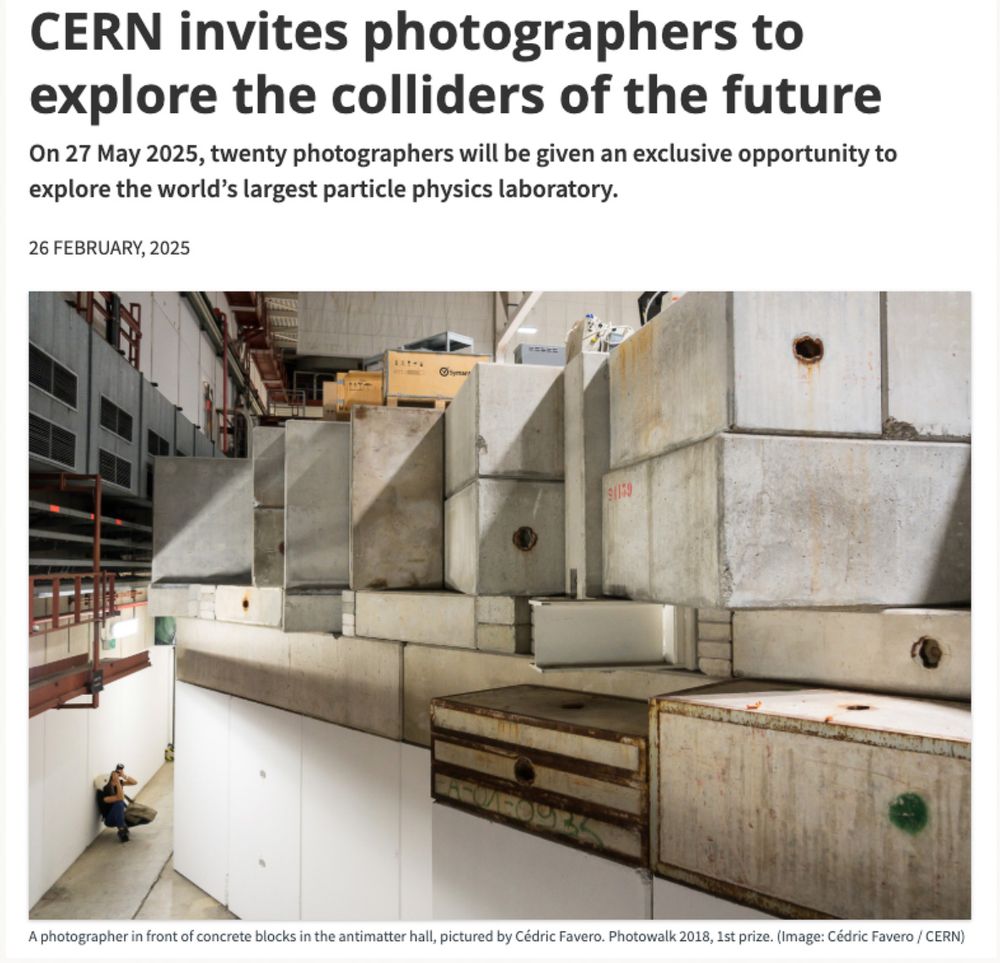 Photographer dwarfed by massive concrete blocks in CERN's antimatter hall, showcasing the scale of future particle collider infrastructure.