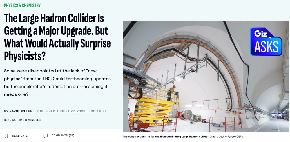 Workers in hard hats inspect the Large Hadron Collider tunnel during a major upgrade construction project at CERN.