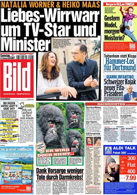 German Bild newspaper front page featuring Natalia Wörner and Heiko Maas romance story with political news headlines.