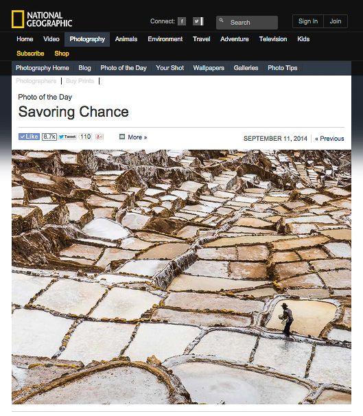 National Geographic Photo of the Day titled Savoring Chance showing salt terraces with a lone figure, September 11 2014.