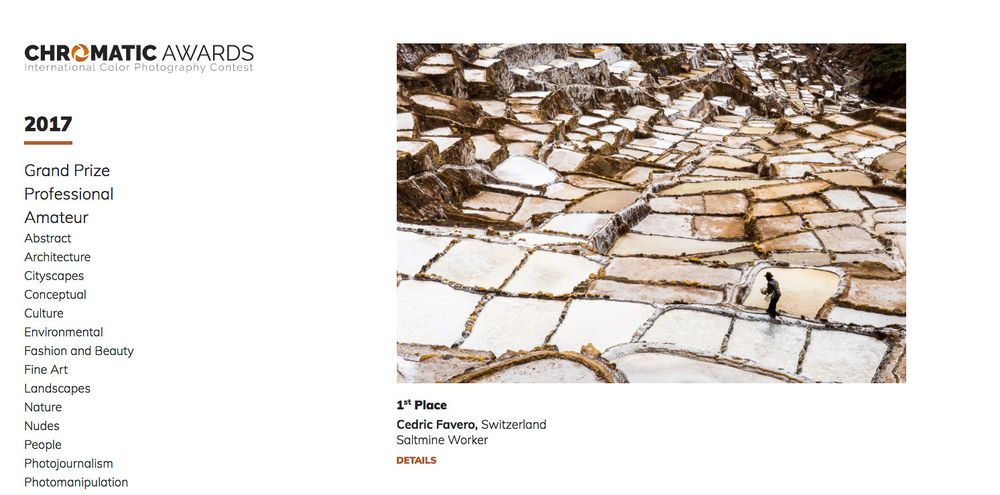 Award-winning aerial photo of salt pans with tiny figures, Chromatic Awards 2017 winner by Cedric Favero, Switzerland.