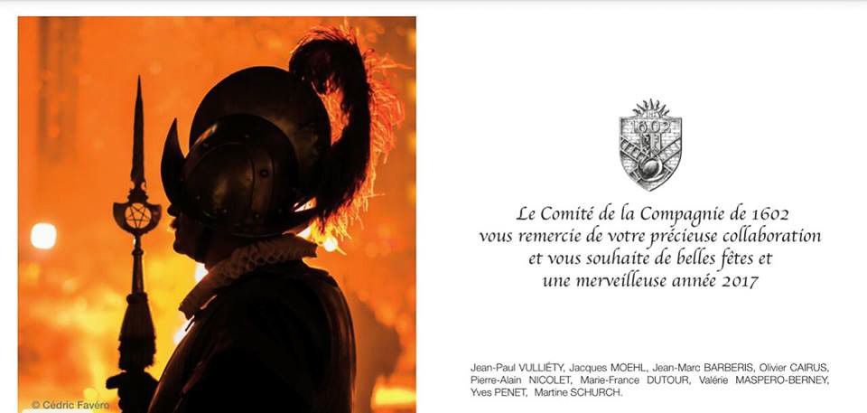 Elegant French New Year greeting card from Compagnie de 1602 featuring a silhouetted historical figure in costume.