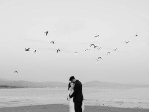 Black and white beach wedding photo with birds flying overhead.