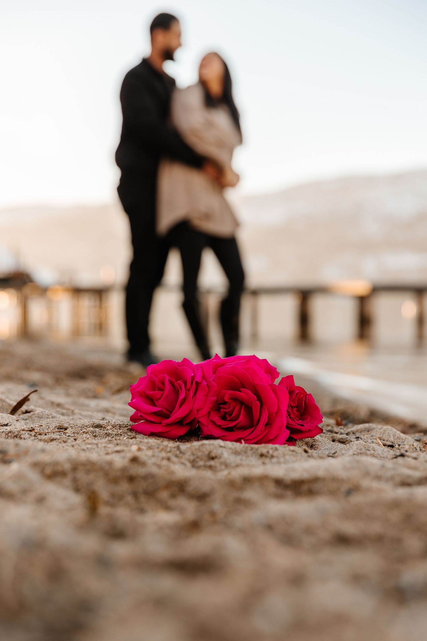 Red roses in sand with silhouetted couple in background during sunset.