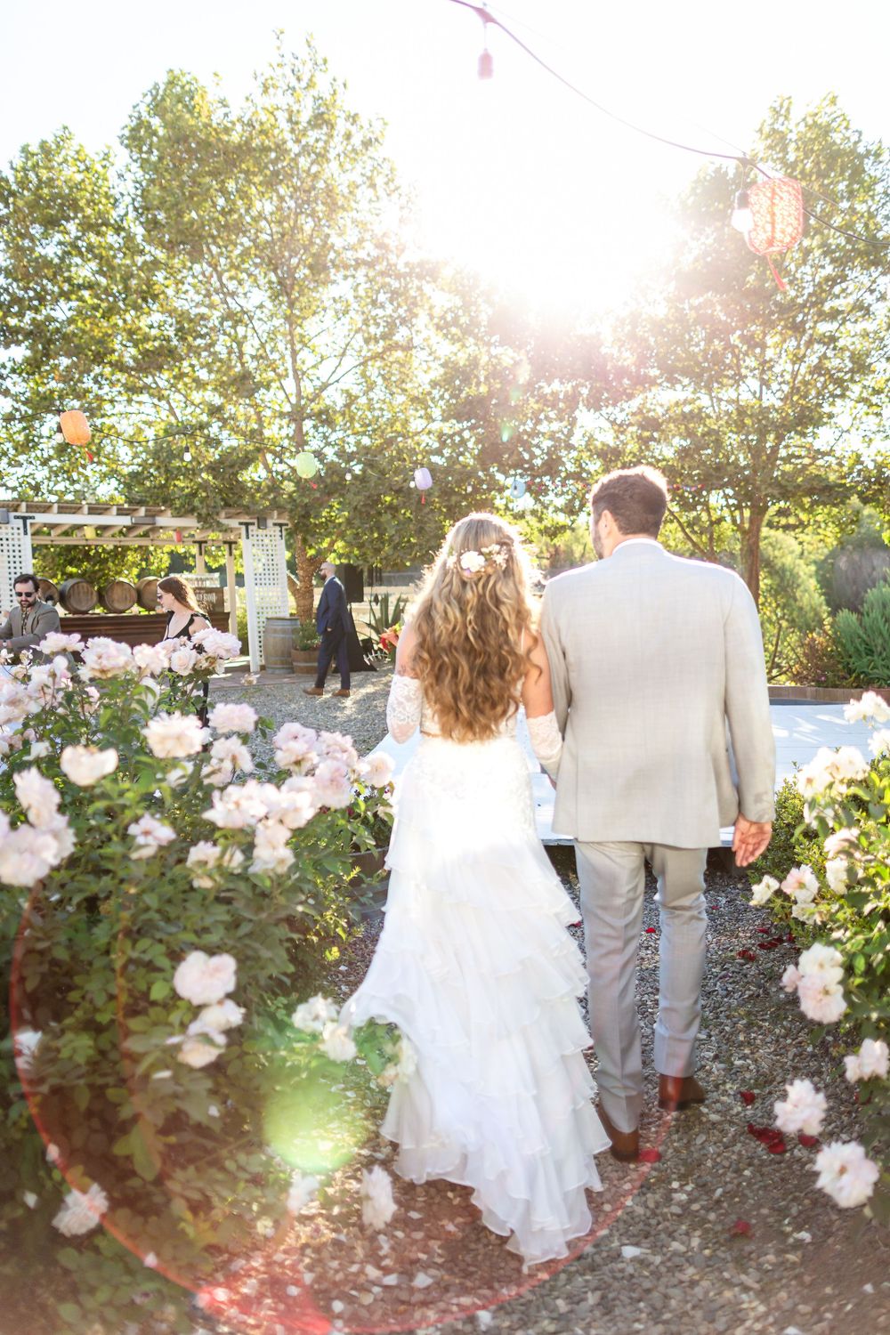 Bride and groom walk through rose garden in golden sunlight at romantic outdoor wedding ceremony.