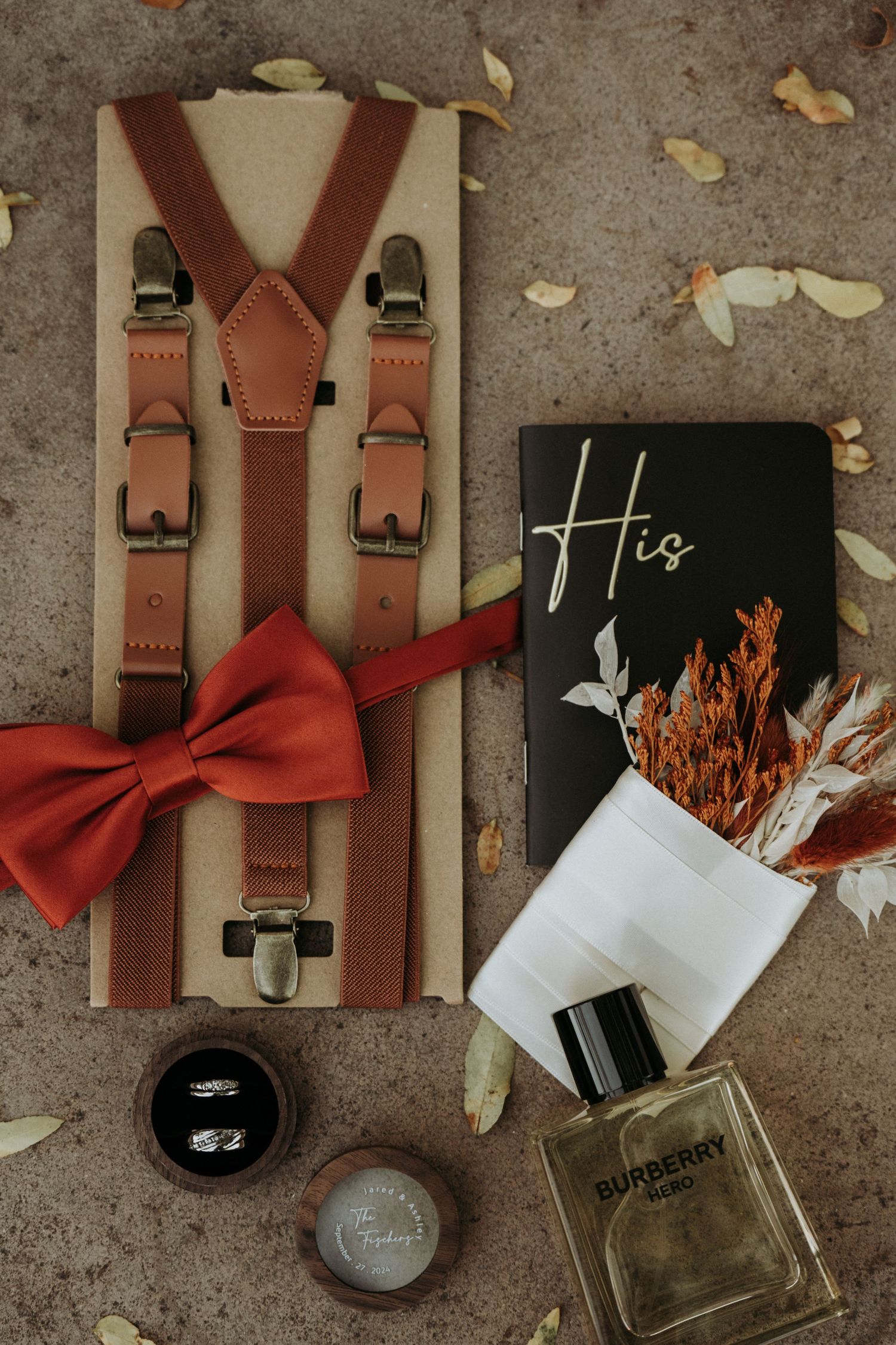 Details photo of the grooms things-