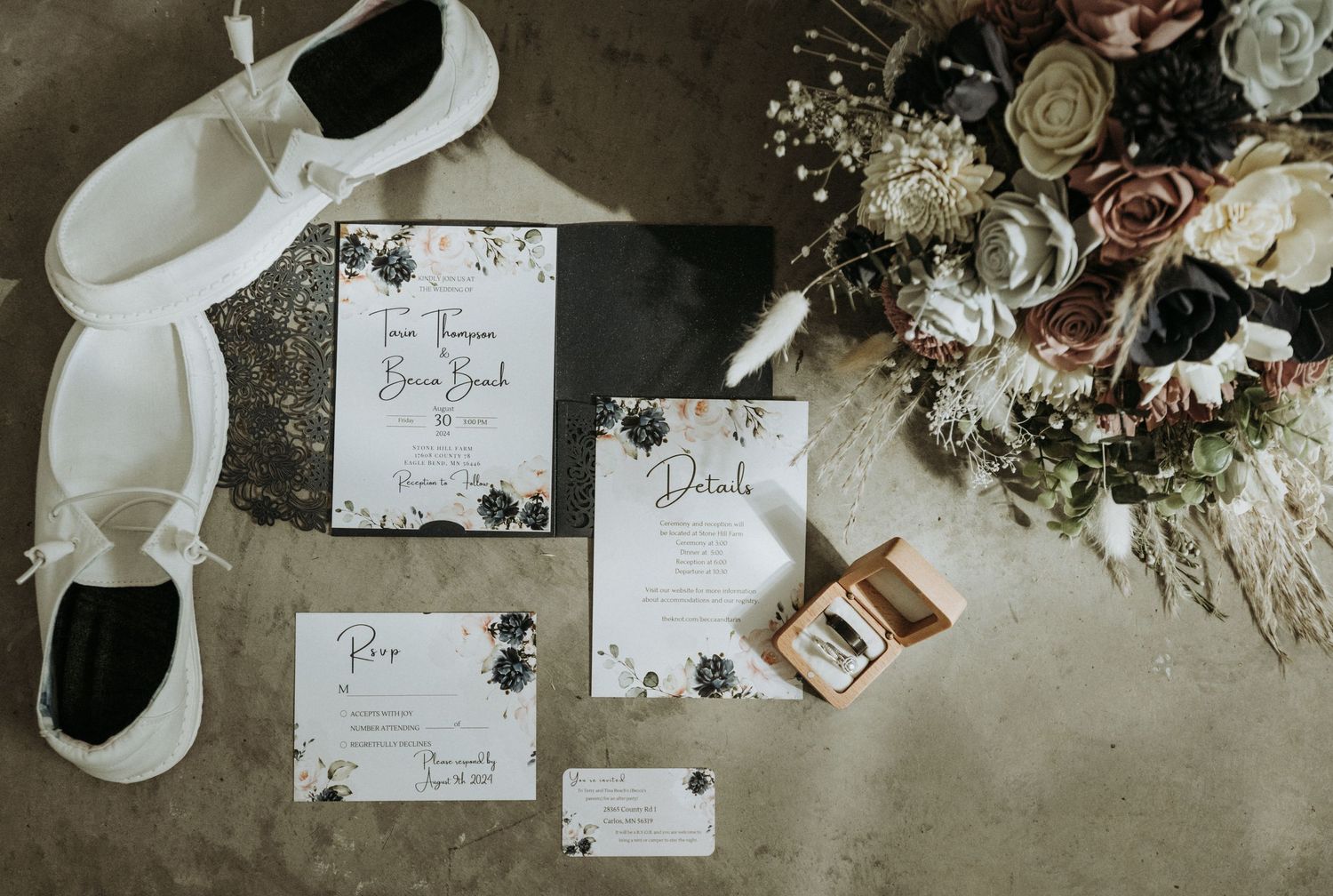 wedding day details photography featuring wedding shoes, invites, flowers, and rings.