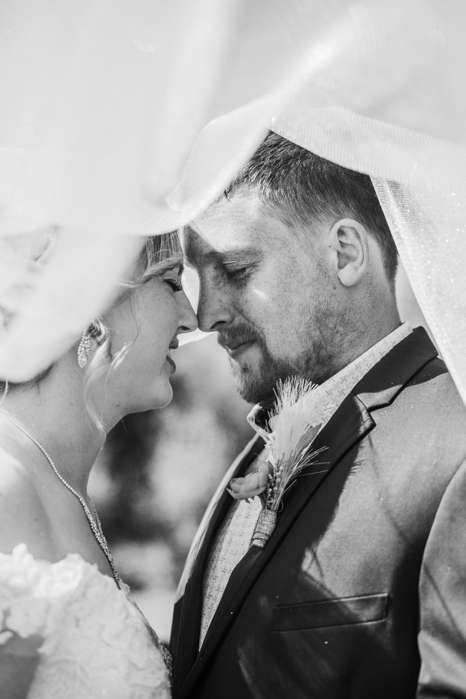 bride and groom under veil.