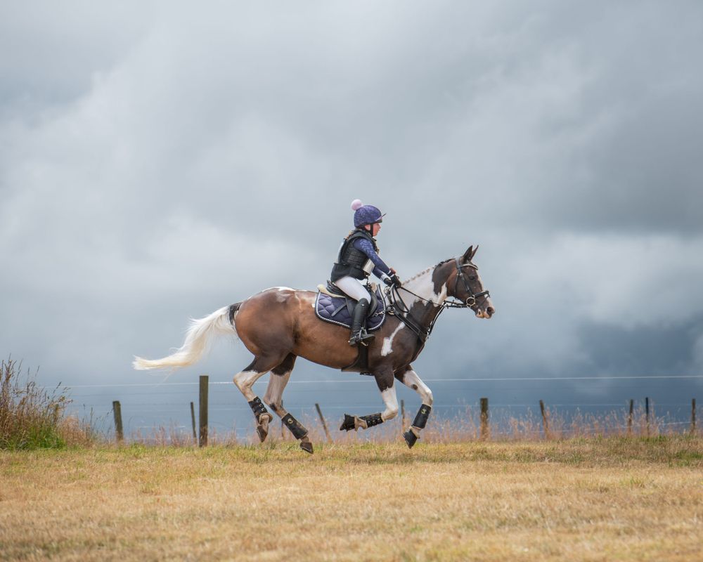Rider gallops on paint horse across rural field under stormy sky.