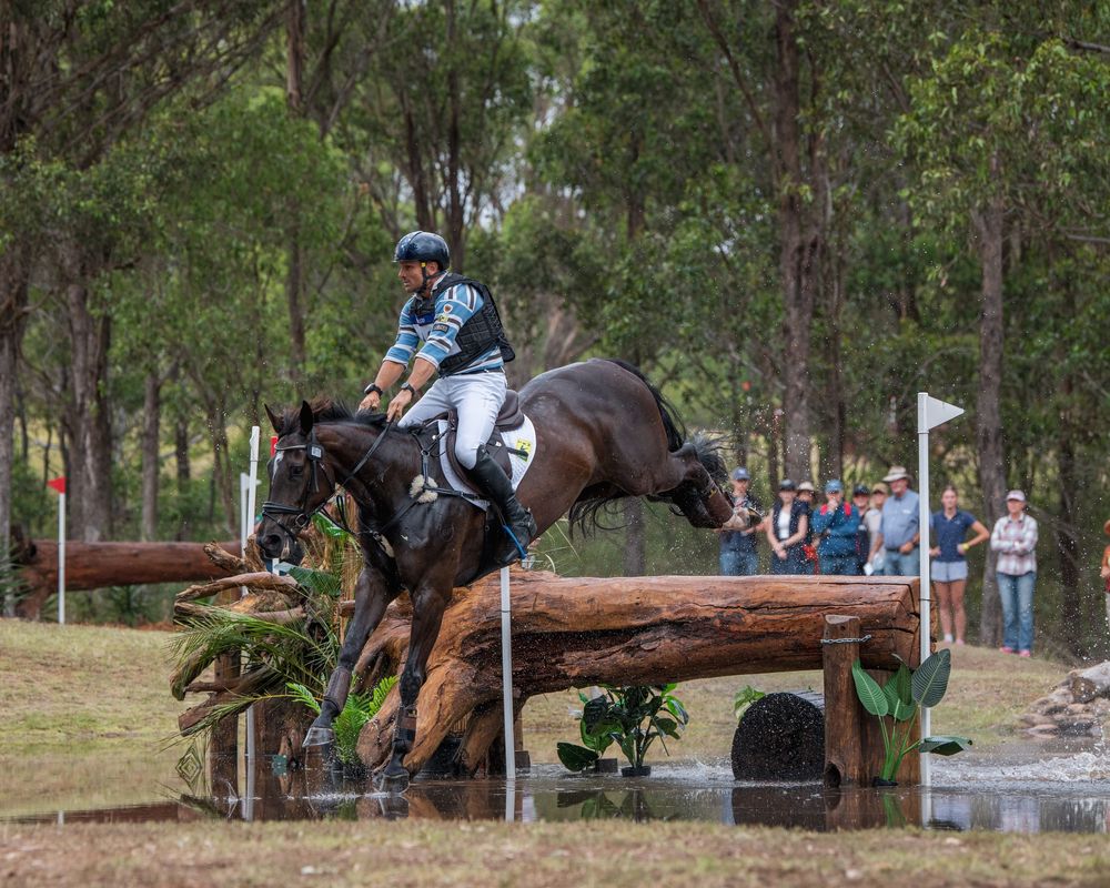 Equestrian rider on black horse jumping over log obstacle during cross-country eventing competition outdoors.