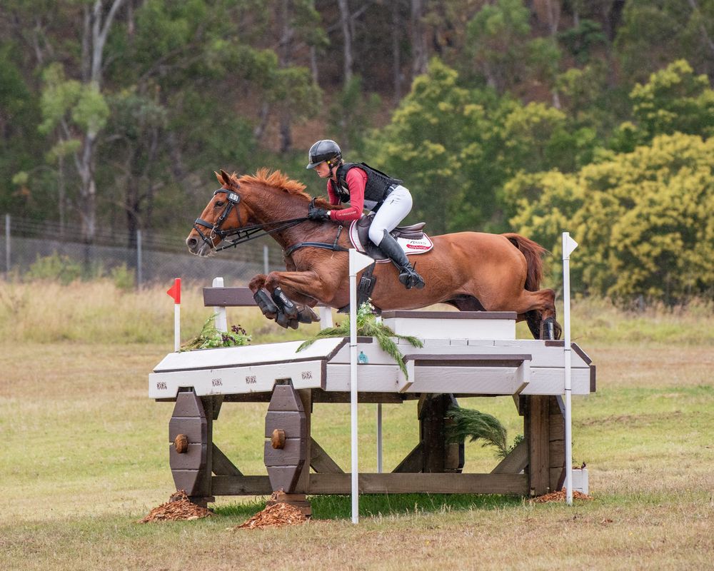 A rider on a chestnut horse jumping over a wooden cross-country fence obstacle at an equestrian eventing competition.