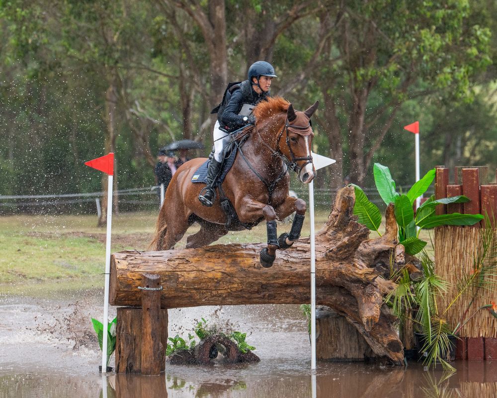 Equestrian rider on chestnut horse jumping over log obstacle in cross-country event on flooded course.