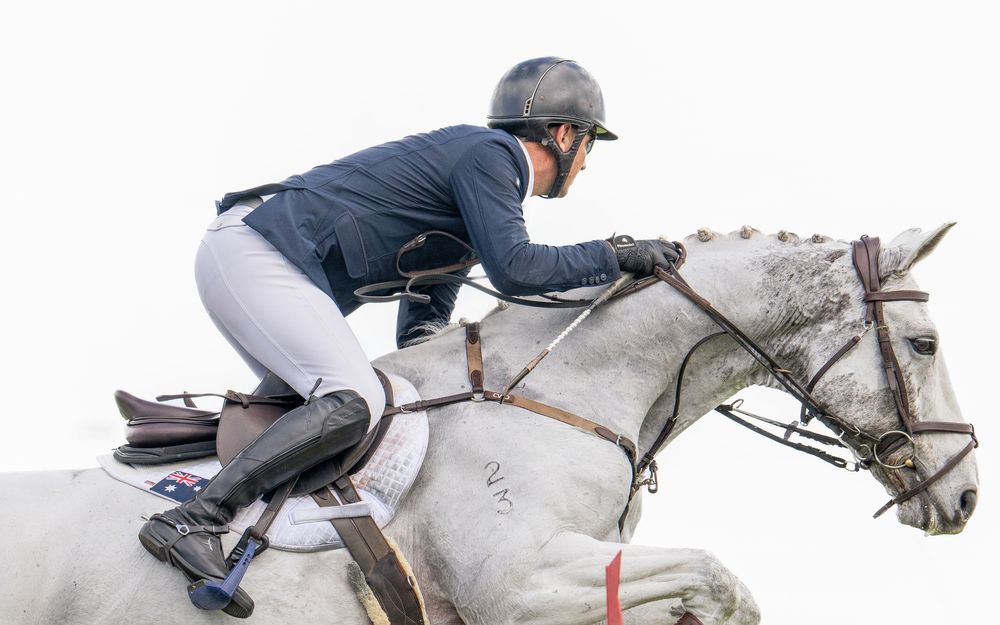 Equestrian rider in navy jacket and helmet jumping on a white horse during a show jumping competition.