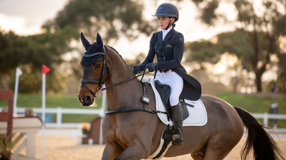 Young equestrian rider in formal attire competing on a dark bay horse in a dressage arena outdoors.
