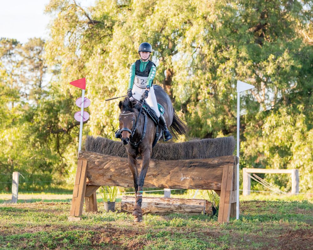 Equestrian rider in green jacket jumping a dark horse over a wooden cross-country fence obstacle outdoors.