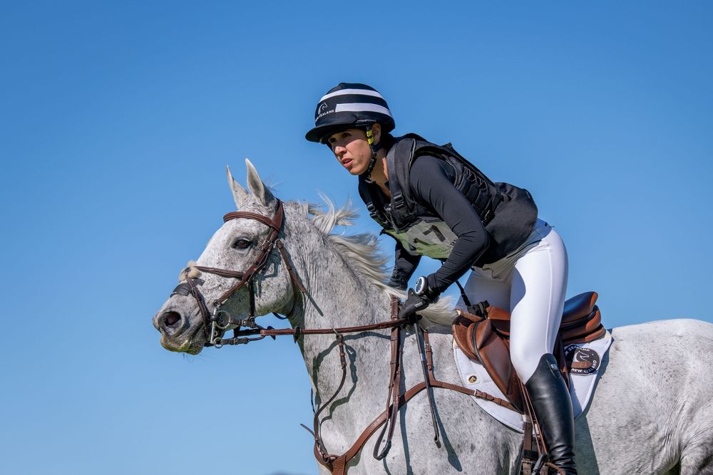 Female equestrian rider in black jacket and helmet competing on a white horse against a clear blue sky.