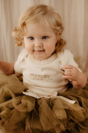 Toddler wearing 'one' shirt and brown tutu smiles during birthday photo session.