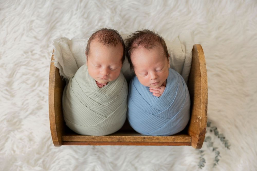 Two swaddled newborns sleeping peacefully side by side in a wooden cradle on white fur in their Rochester Hills Michigan home