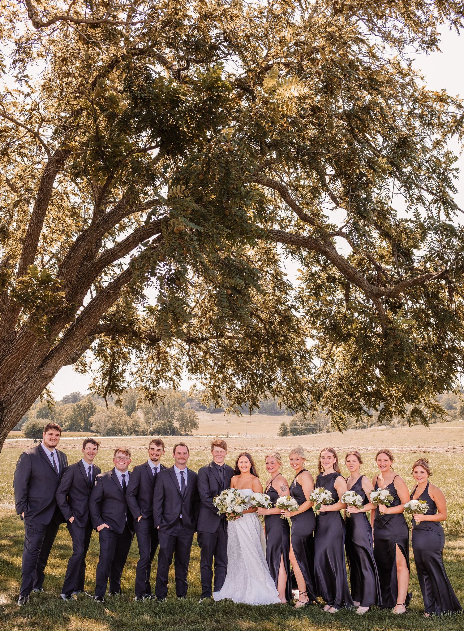 Wedding party poses under large oak tree in navy attire, bride in white gown holding bouquet, sunny outdoor setting.