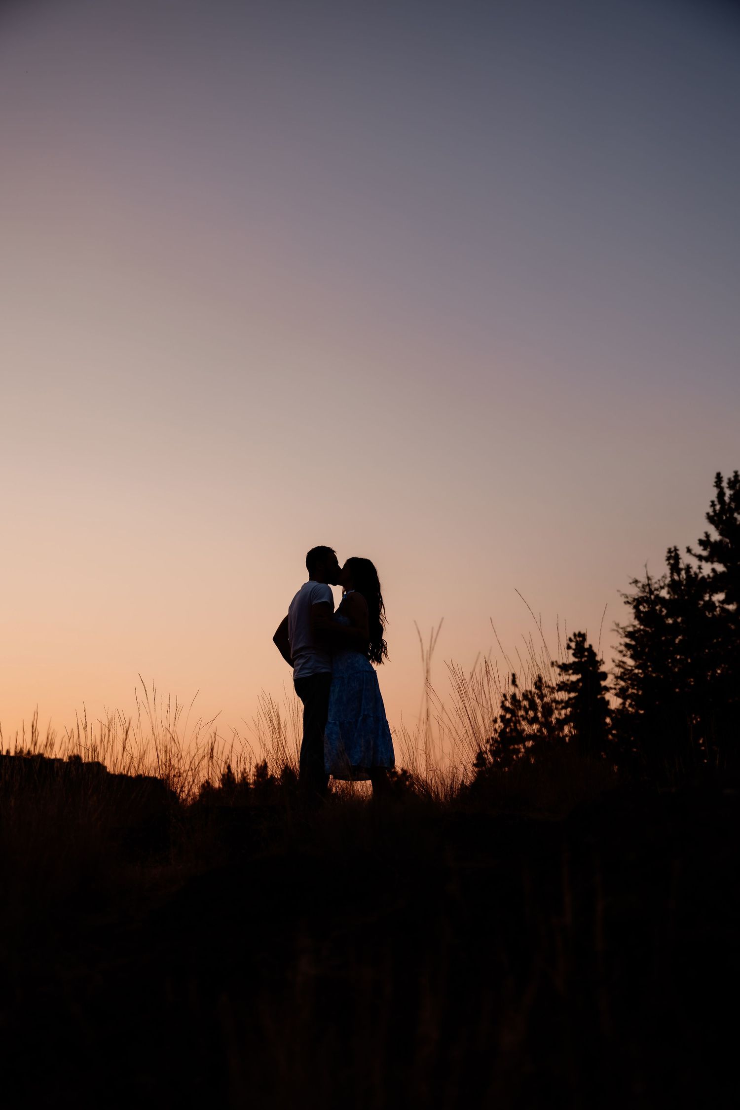 Silhouetted figures standing close together against a sunset sky with pine trees.