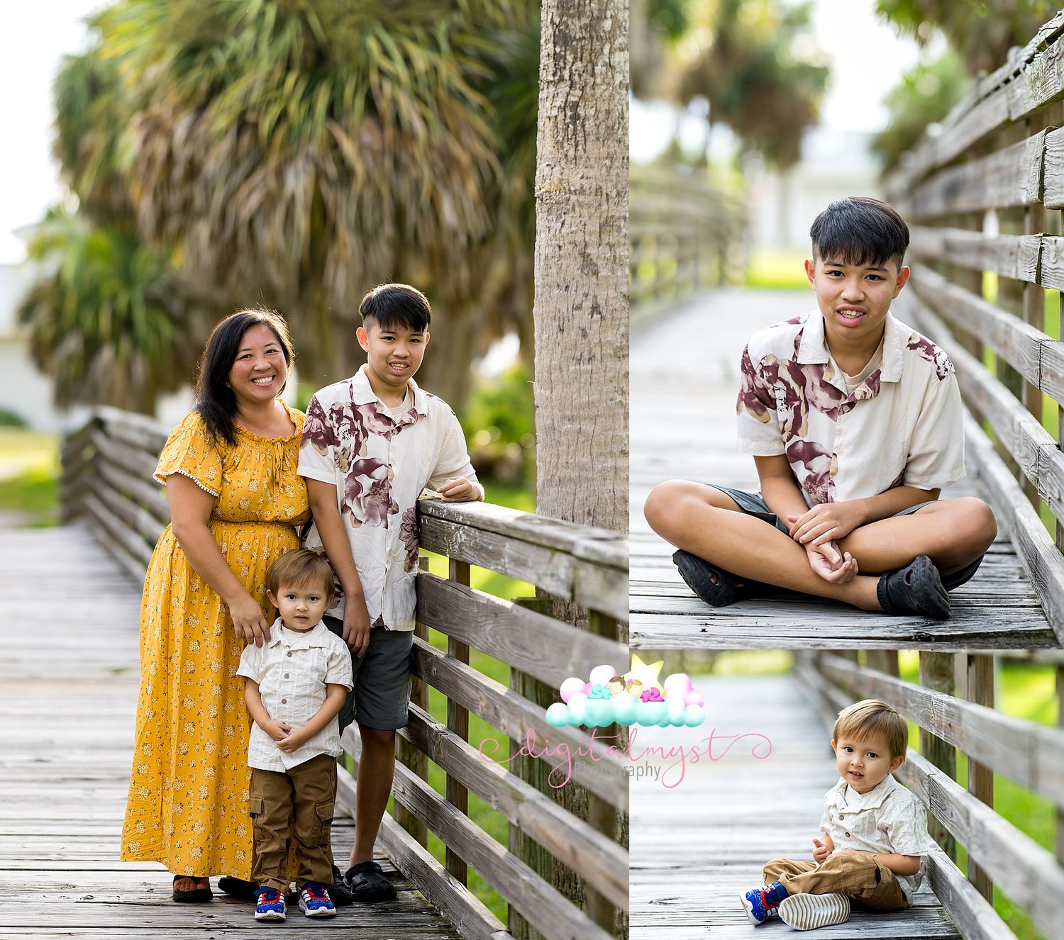 Family portrait on a wooden boardwalk with palm trees, featuring a woman in yellow dress with two boys.