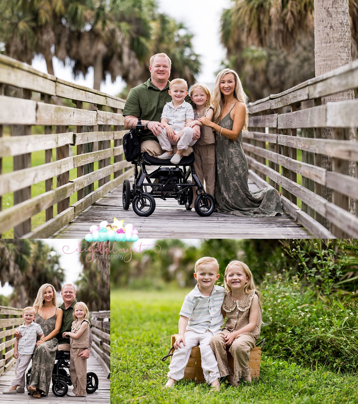 Family of four poses on a wooden boardwalk surrounded by palm trees, with dad holding a toddler in a stroller.