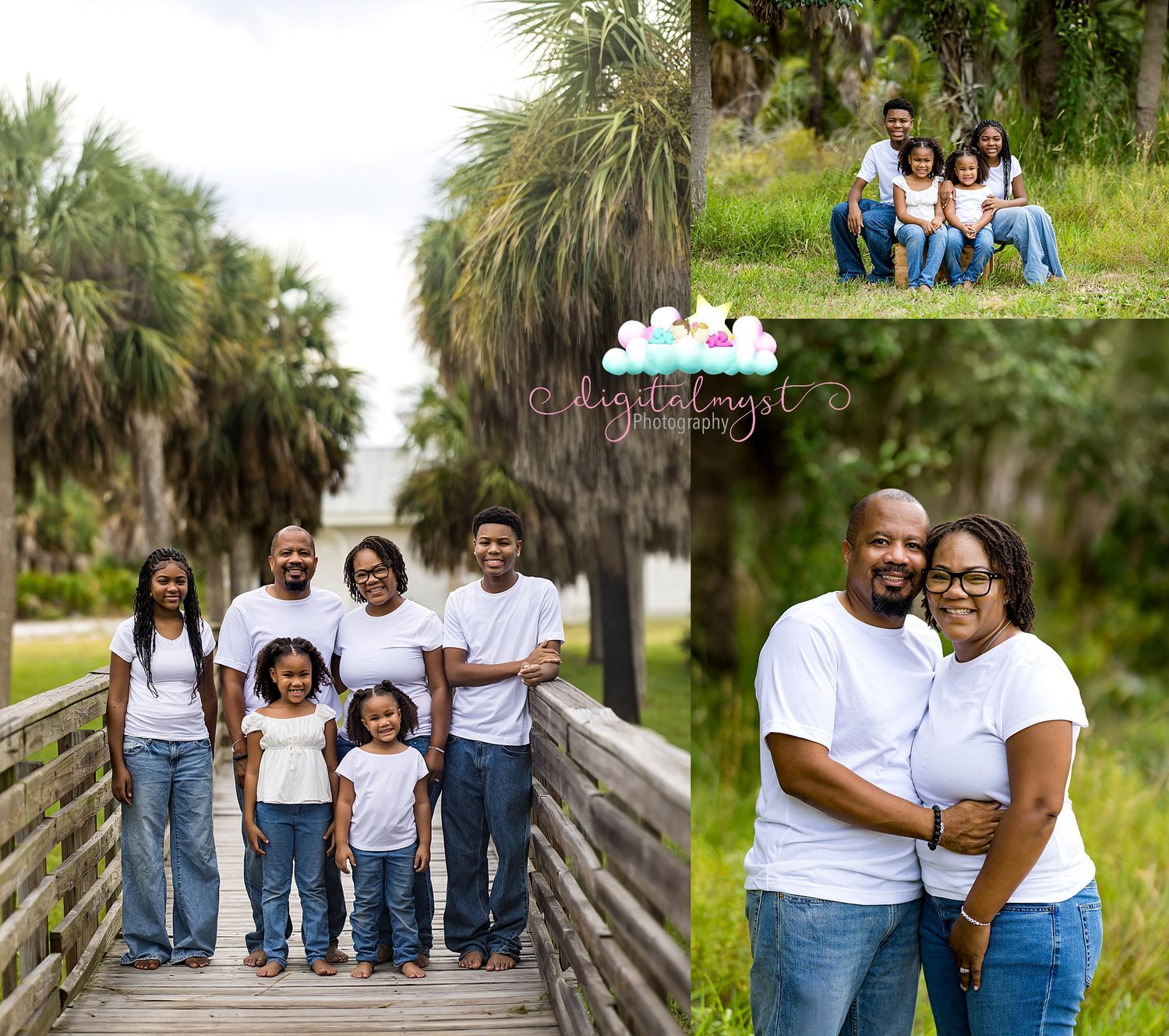 African American family in matching white shirts and jeans posing outdoors in a collage of three professional portrait photos.
