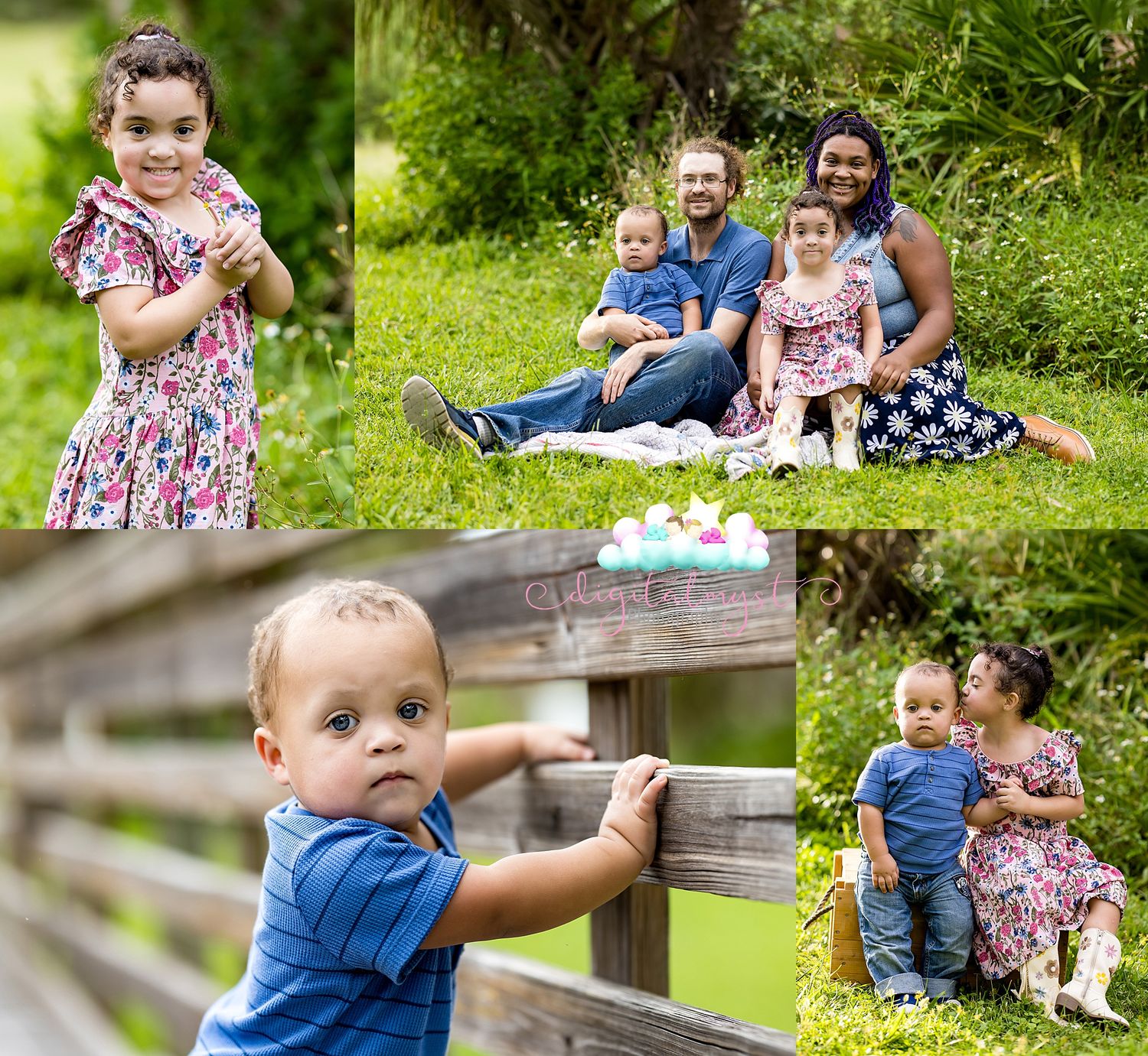 A joyful family portrait session outdoors featuring a young girl, parents, and toddler boy on green grass in summer.