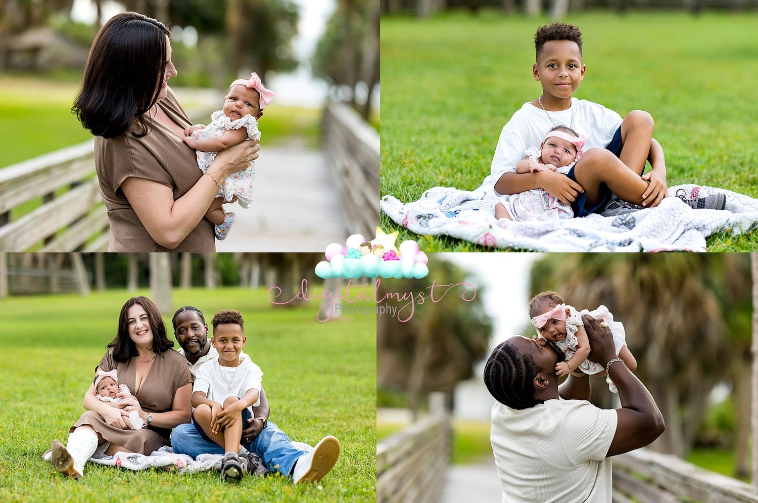 Family outdoor photo session featuring a mother, father, two boys, and a newborn baby on a sunny green lawn.