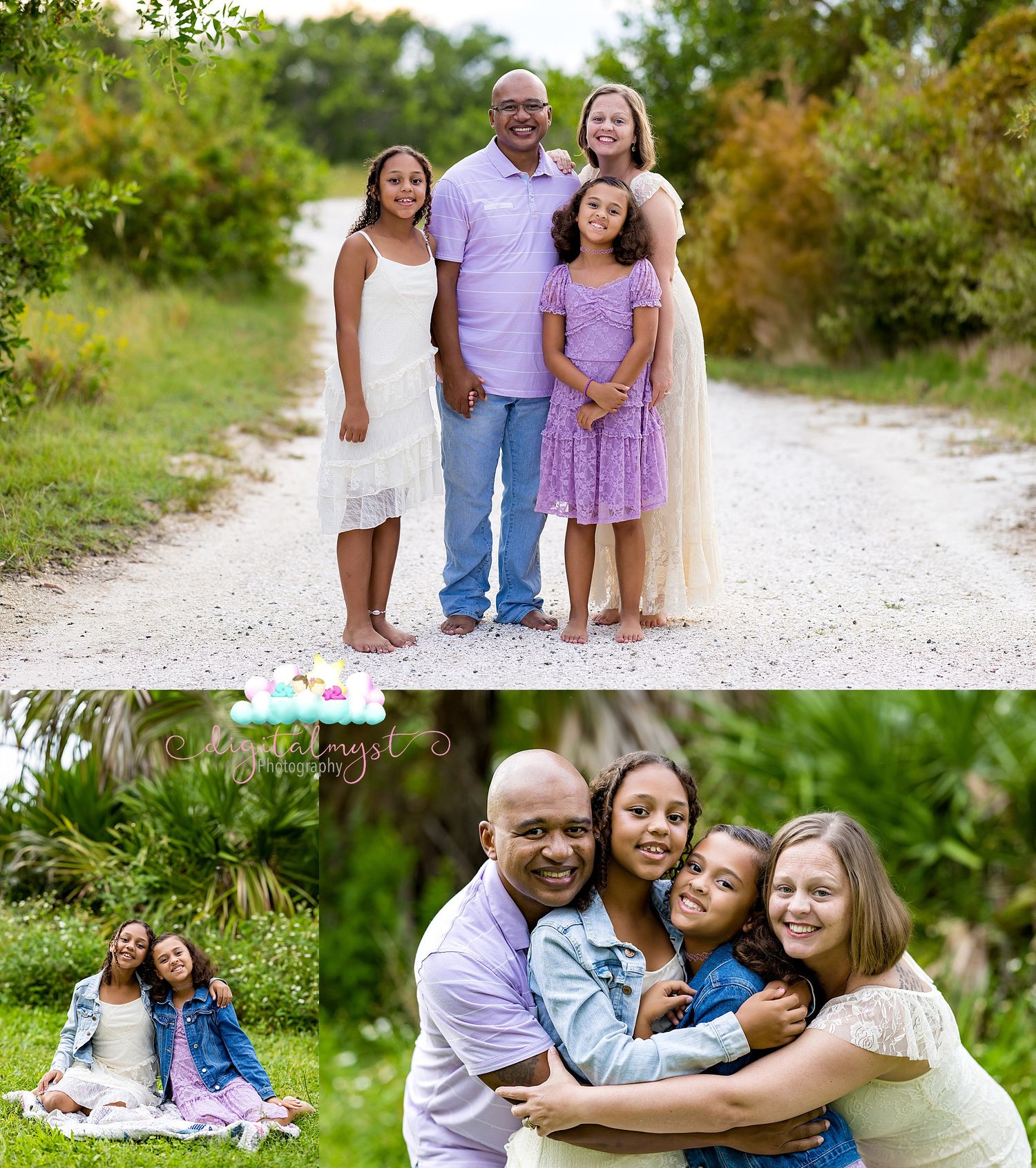 A joyful family of five poses for outdoor portraits on a sandy path surrounded by lush greenery.