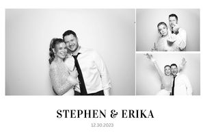 Black and white photo booth strip showing a couple in formal attire acting silly.