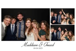 Wedding photo booth collage showing groups of guests posing and celebrating together.