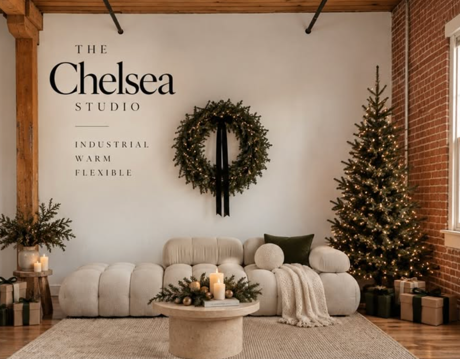 Minimalist Christmas living room with white sofa, lit tree, wreath, and gifts at The SoHo Studio.