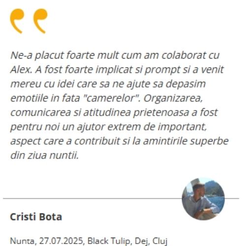 A wedding testimonial in Romanian with a circular profile photo showing an outdoor venue and a quotation mark graphic.