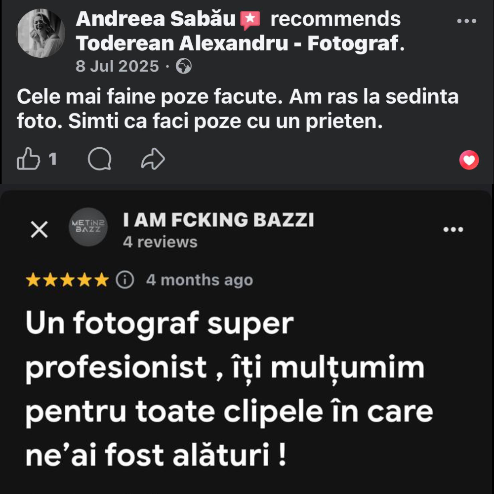 Facebook reviews and recommendations in Romanian language for a professional photographer service.