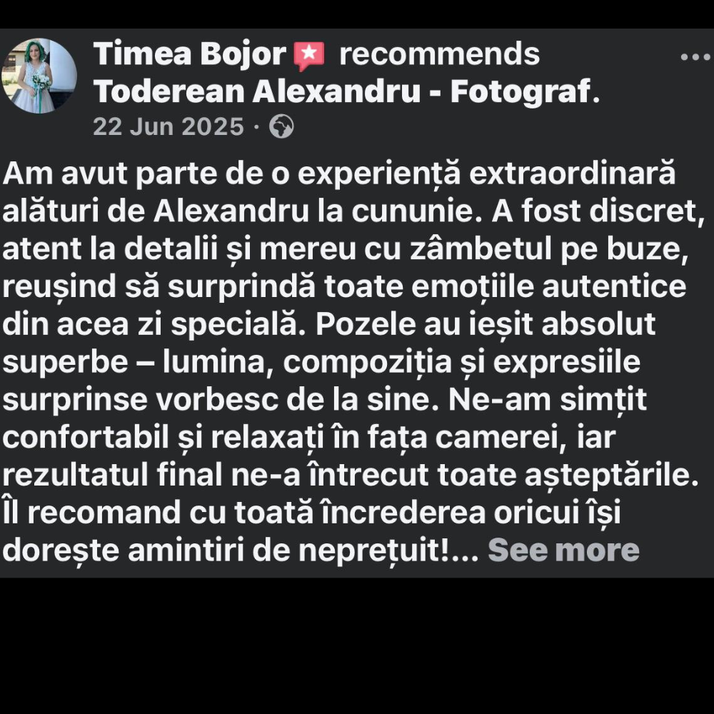Facebook review post in Romanian language showing a positive recommendation with text and profile photo.