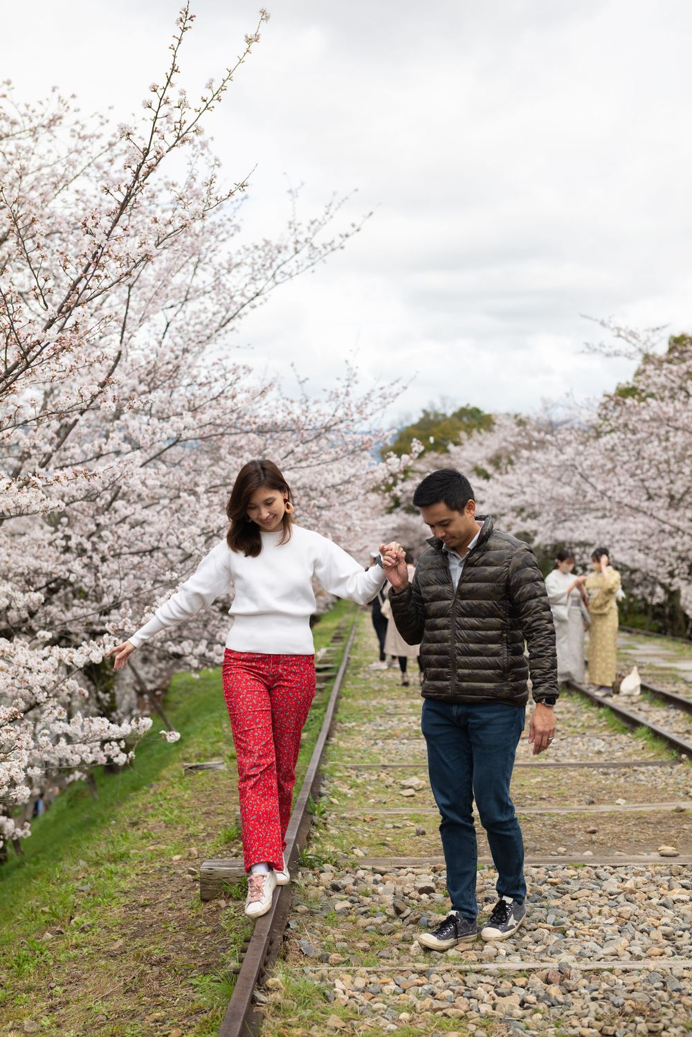 A smiling couple holds hands while balancing on old railway tracks beneath blooming cherry blossom trees on a cloudy spring day.