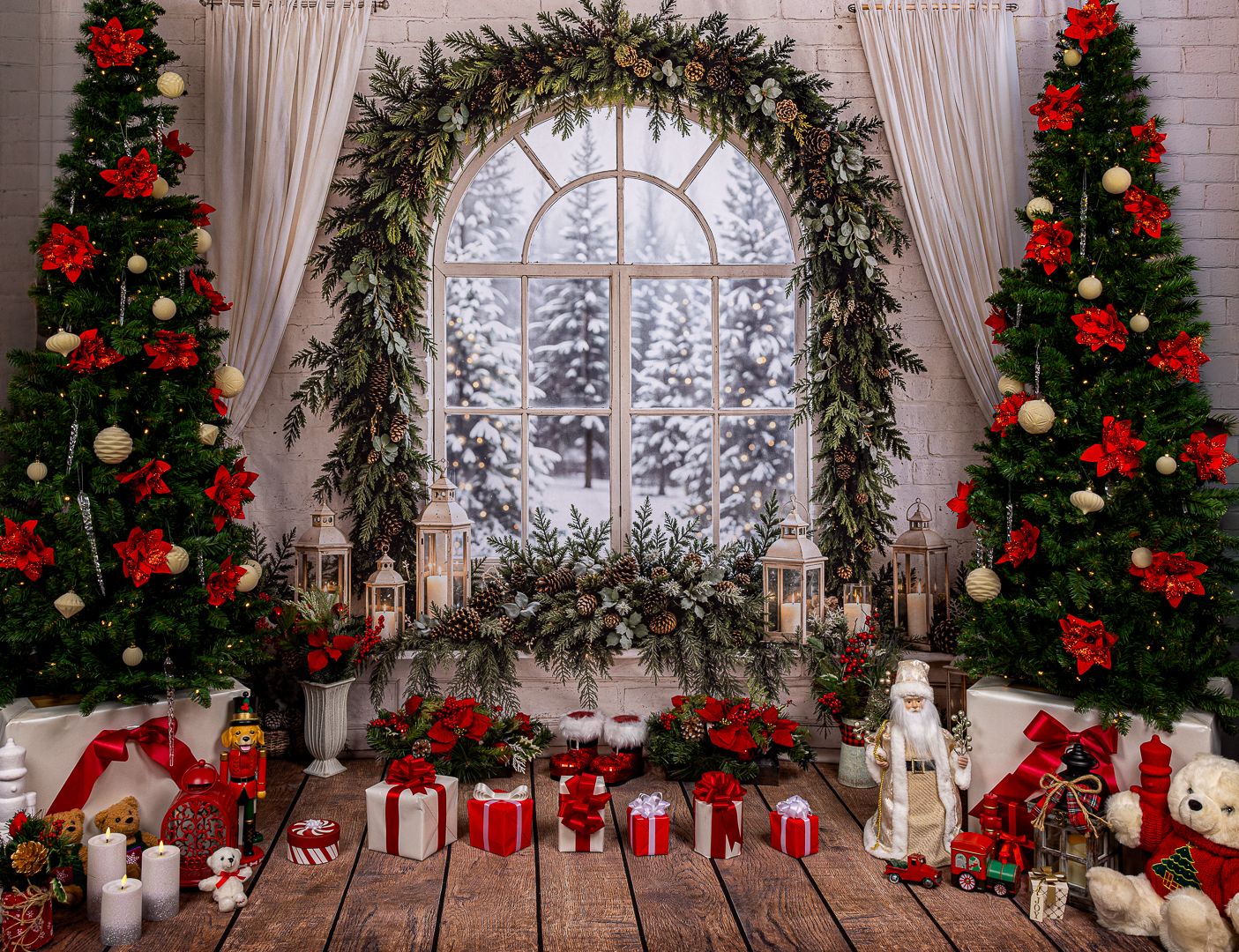 Elegant Christmas window display with lush garland, white curtains, lanterns, and snowy view on white brick wall.