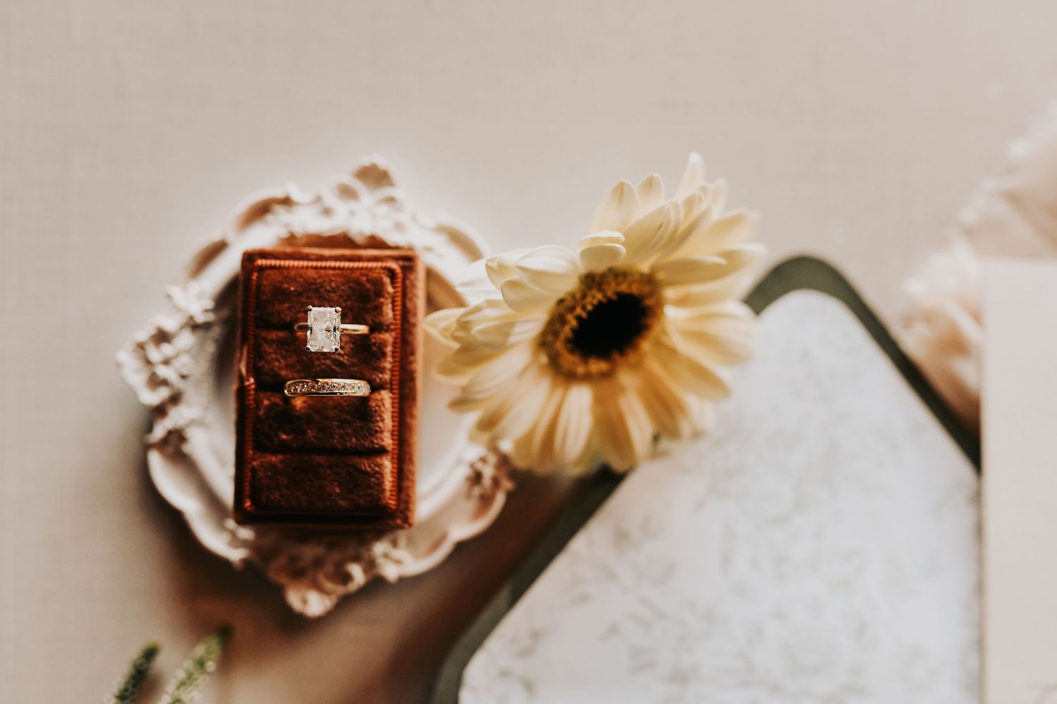 Luxury wedding flat lay with rings jewelry and bridal accessories